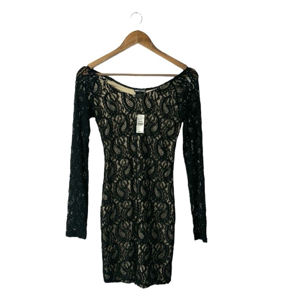 NEW Authentic Y2K Wet Seal Black Tan Lace Midi Long Sleeve Dress Size Medium